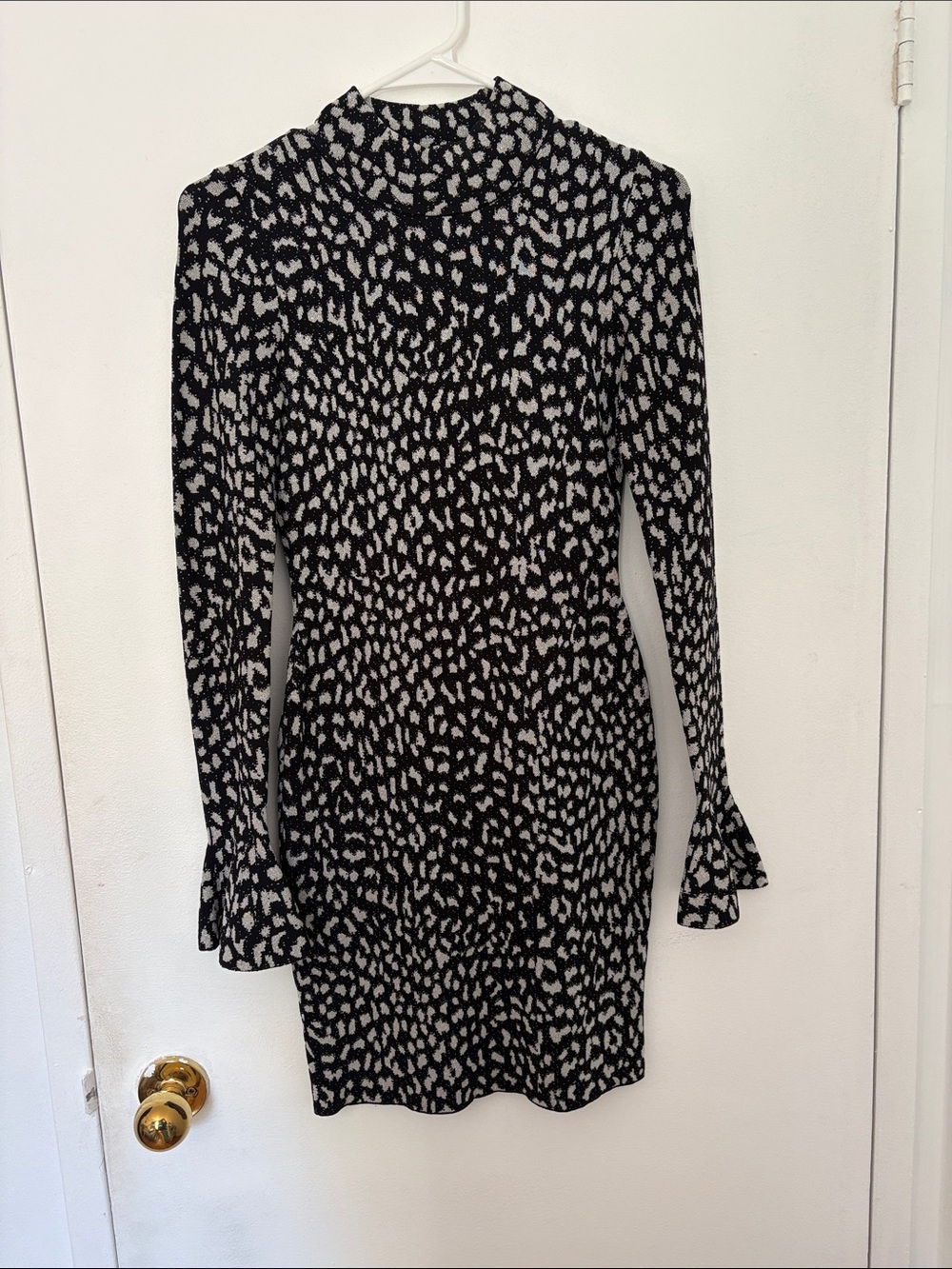 Michael Kors Black and White Printed Long Sleeve Mock Neck Dress